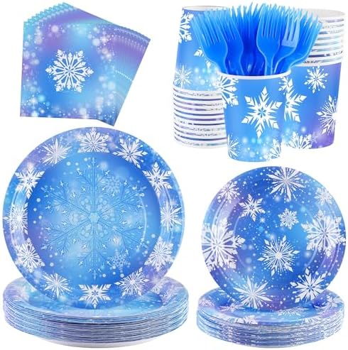 Kochorie 144 Pieces Frozen Party Supplies, Snowflake Tableware Sets Including Disposable Paper Plates Napkins Cups Forks Serves 24 for Winter Christmas Holiday Wonderland Birthday Party Decorations by Kochorie