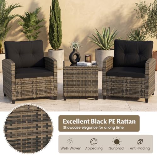 Tangkula 3 Piece Patio Furniture Set, Rattan Conversation Set w/Soft Seat & Back Cushions, Tempered Glass Topped Coffee Table, Cushioned Wicker Seating Set for Backyard, Porch, Poolside - Image 5
