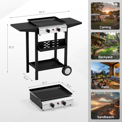 ROVSUN 2 Burner Portable Propane Griddle with Electronic Ignition, 20000 BTU Rolling Flat Top Gas Grill with Nonstick Enameled Tray, Side Shelves & Regulator for Outdoor Cooking Camping BBQ Tailgating - Image 6