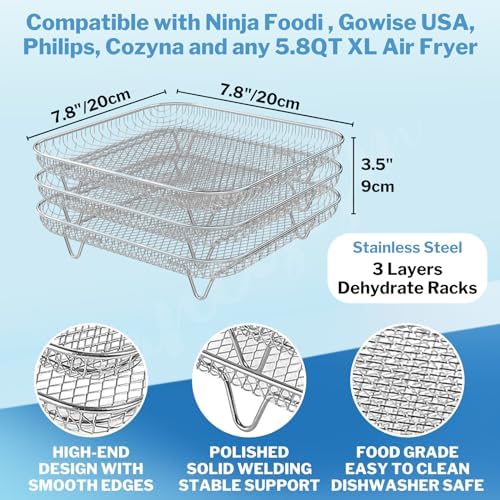 Air Fryer Accessories with 8pcs Foot Cover - 8" Square 3 Stackable Dehydrator Racks Fits 5.8 QT Air Fryer Racks for Cosori, Instant Vortex, Nuwave, Ninja Foodi Grill 304 Stainless Steel - Image 3