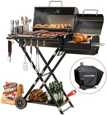 Portable Charcoal Grill with Smoking Function, Foldable Suitcase Design with Wheels, Multi-Tier Storage Rack & Waterproof Cover for Outdoor BBQ Parties (Black) by Unknown