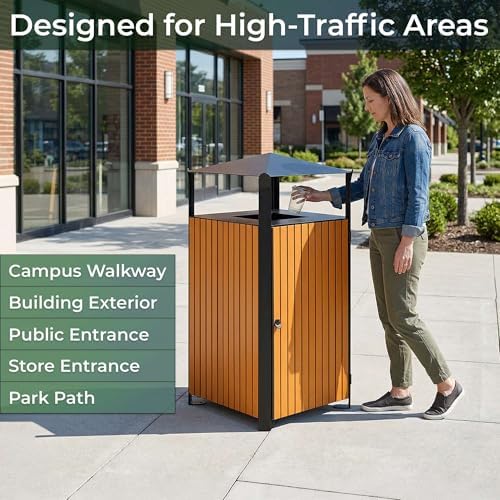 48.6 Gallon Square Outdoor Trash Can - Decorative Steel and Wood Composite Commercial Waste Receptacle with Hooded Covered Top, Galvanized Steel Liner, and Locking Side Access Door for Parks, Schools - Image 4