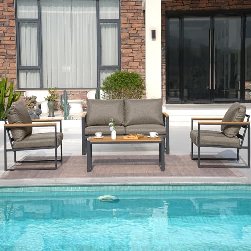 4 Pieces Metal Patio Furniture Set for Outdoor Balcony, Coffee - Image 6