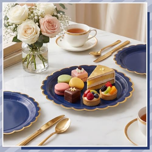 NatNarr 30 Pk Navy Blue Paper Plates 9" Scalloped Blue Gold Party Plates - Image 4