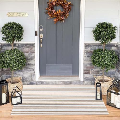 Khaki and White Striped Outdoor Rug 24"x51" Fall Washable Front Porch Rug - Image 6