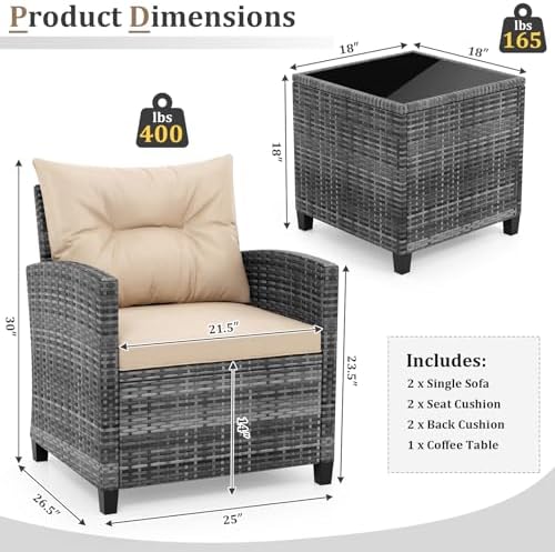RELAX4LIFE 3 Piece Patio Furniture Set, Wicker Bistro Conversation Set w/2 Cushioned Armchairs & Glass Topped Table, Outdoor Rattan Sofa Set Patio Furniture for Porch Balcony Poolside (Grey-Beige) - Image 3