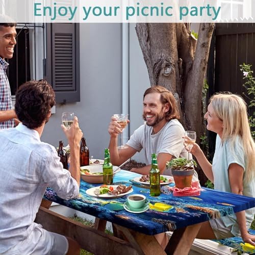 Picnic Table Cover with Bench Covers, Camping Essentials, Ocean Underwater World Table Cover, Fitted Camping Tablecloth Windproof Waterproof with Elastic Edge for Indoor Outdoor Patio 3PCS 30x72 Inch - Image 2