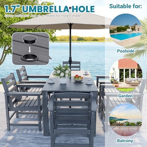 Dining Table Set, 7-Piece HDPE Outdoor Dining Set for 6, Gray - Image 3