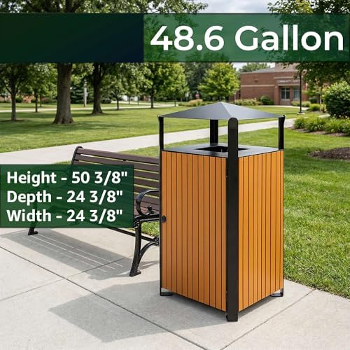 48.6 Gallon Square Outdoor Trash Can - Decorative Steel and Wood Composite Commercial Waste Receptacle with Hooded Covered Top, Galvanized Steel Liner, and Locking Side Access Door for Parks, Schools - Image 2