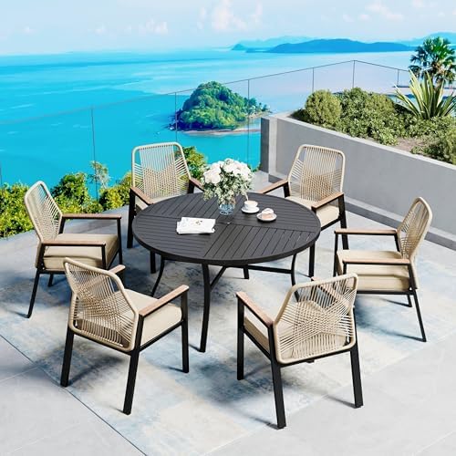 SUNSHINE VALLEY 7pc Patio Dining Set, 54" Round Table & 6 Rattan Chairs by SUNSHINEVALLEY