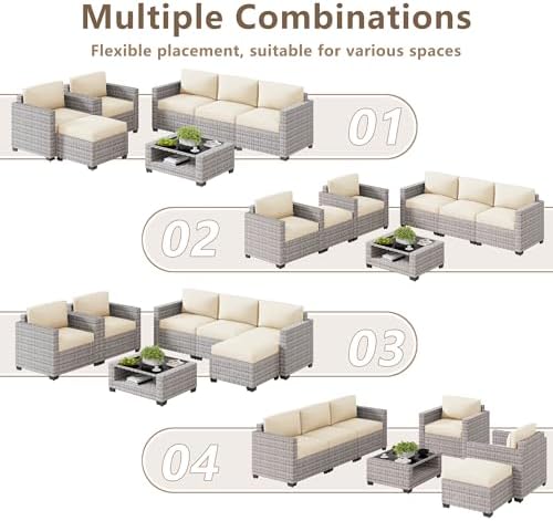 LOUVIXA 7 Piece Outdoor Patio Furniture Set, Rattan Chairs Glass Table Wicker Conversation Seating Sectional Sofa with Cushions (Grey White-Beige, 7Pcs-2 Layer Coffee Table) - Image 3