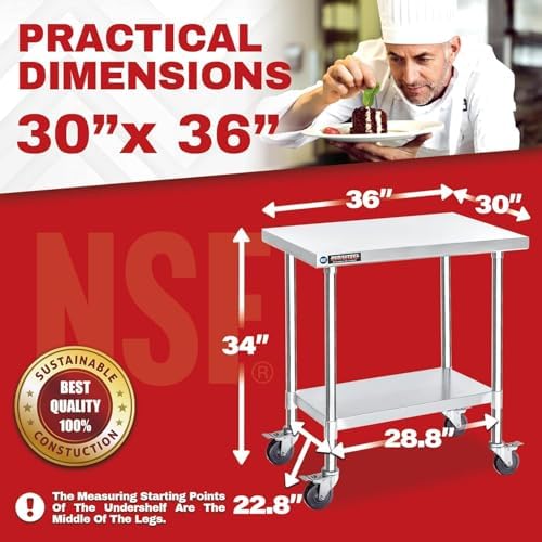 DuraSteel 30x36 NSF Stainless Steel Cart Work Table - Heavy Duty Rolling Food Prep Table Countertop Island - Metal Utility Cart on Wheels Caster, Grill Stand Storage Outdoor Kitchen Tables Bar Top - Image 3