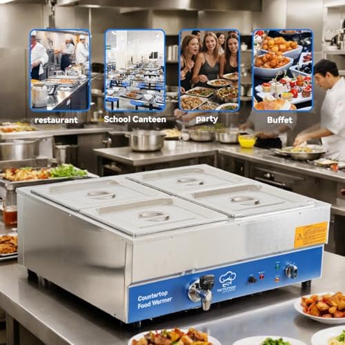 TOPKITCH ETL Listed 4 Pan Commercial Food Warmer,Electric Countertop Bain Marie Stainless Steel Buffet Steam Table for Catering and Restaurants(4×1/2 GN Pan,120V/1700 Watts - Image 4
