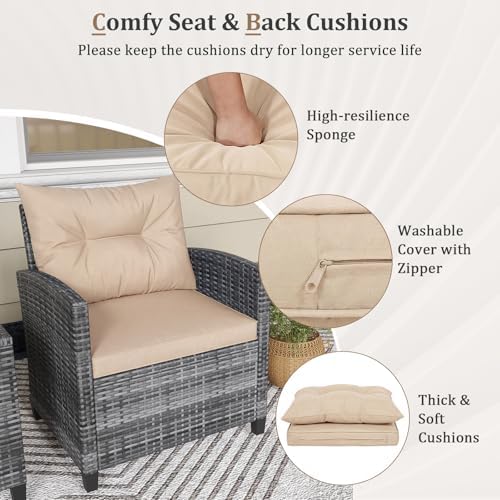 KOTEK 3 Piece Patio Furniture Set, Outdoor PE Rattan Conversation Set with Washable Cushions & Tempered Glass Tabletop, Wicker Chairs and Table Set for Porch, Garden, Balcony (Beige) - Image 4