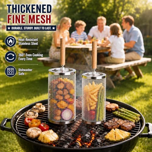 Rolling Grill Basket 2-Pack 304 Stainless Steel Net with Handle - Image 5