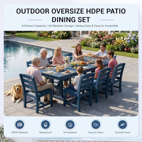 KINGYES Outdoor Dining Set,84'' Table w/Hole & Armless Chairs,White - Image 6
