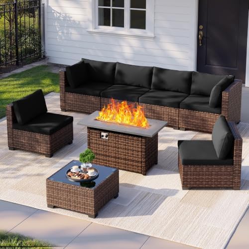 Qsun 8 Pieces Outdoor Patio Furniture Set with 44.9" Fire Pit Table, All-Weather Wicker Outdoor Patio Sectional Set with Coffee Table, for Backyard Poolside Garden Porch, Black - Image 6