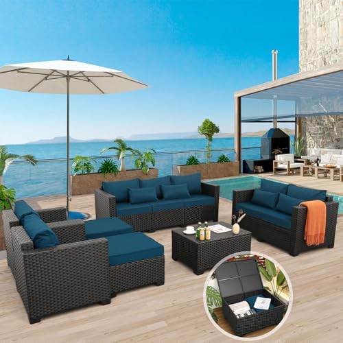 Rattaner Patio Furniture Set 7 Pieces Couch Outdoor Chairs Coffee Table Peacock Blue Anti-Slip Cushions and Waterproof Covers - Image 2