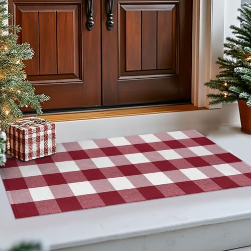 IOHOUZE Christmas Buffalo Plaid Door Mat 2x4.3, Washable, Red White by iOhouze