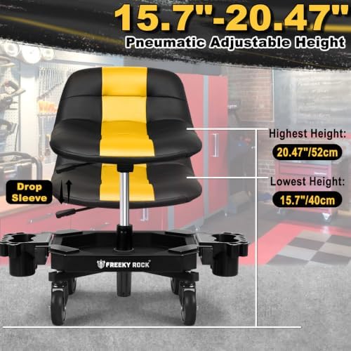 Rolling Stool with Wheels, Adjustable Height Pneumatic Garage Work Mechanic Stool Seat with Backrest, 400 LBS Capacity 360° Swivel Mechanic Crepper Chair with Tool Tray Storage, Yellow - Image 2