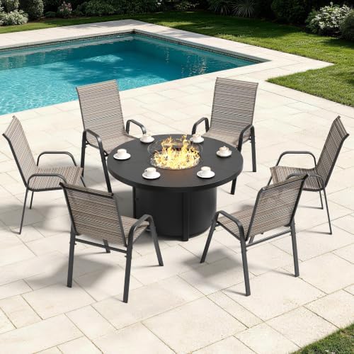 7 Pieces Outdoor Patio Furniture Set with 48" 55000 BTU Round Propane Fire Pit Table,Patio Dining Set Outdoor Conversation Sets 6 Teslin Chairs for Deck,Backyard and Garden - Image 6