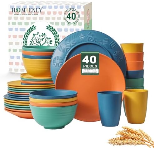 Homienly 40-Piece Premium Wheat Straw Dinnerware Sets, Service for 8, Unbreakable Plates and Bowls Set - Cups Sets, Dinner Plates, Bowls for Kitchen,Dishwasher and Microwave Safe Dishes Set - Multi by HOMIENLY