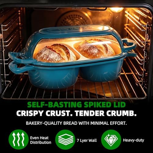 Enameled Cast Iron Double Round Bread Loaf Pot with Lid – Emerald - Image 3