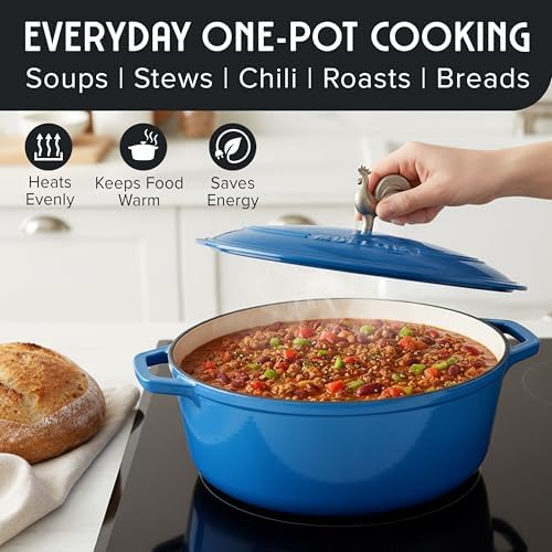 MUELLER HOME 5.5 Quart Enameled Cast Iron Oval Dutch Oven w Rooster Knob & Cotton Potholders, Heavy-Duty Cookware, Oven-Safe up to 500° F & Across All Cooktops, Gifts for Grandma & Women, Aqua Blue - Image 6