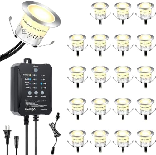 Dimmable LED Deck Lights with Timer and Photocell Sensor, 20 Pack 32mm Recessed Deck Lights Kit, IP67 Waterproof Outdoor Low Voltage Deck Lighting for Step, Stair, Garden, Yard, Patio, Floor by Unknown