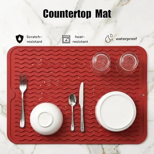 MicoYang Silicone Dish Drying Mat — Quick-Dry Ridges Counter & Sink Pad, Heat-Resistant Trivet to 450°F, Non-Slip & Dishwasher Safe, Roll-Up Storage, 18 Colors & 9 Sizes (Red, 16"×12") - Image 3