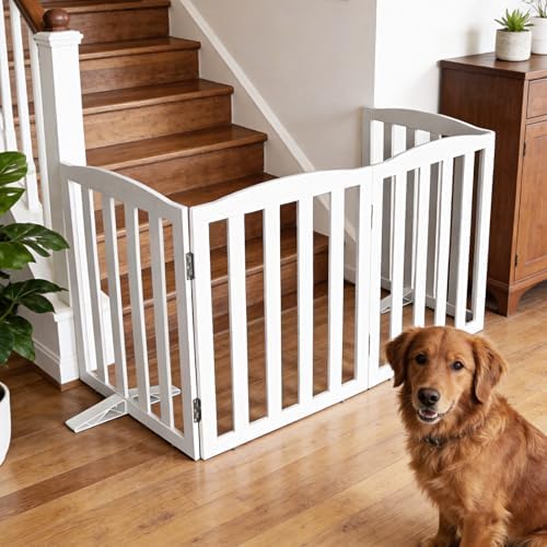 Freestanding Dog Gate Indoor,Doggie Gate Foldable Dog Gates for Doorways,Stairs or Hallways, Wooden White Pet Gate for The House, Pet Fence with Support Feet Included,32 "Height-6 Panels - Image 3