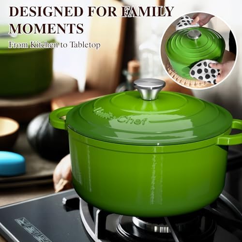 Umite Chef 5QT Enameled Cast Iron Dutch Oven Pot with Lid, Heavy-Duty, Cookware for Bread Baking, Braising, Stews, Roasting, Wedding Registry Ideas & Gifts(Green) - Image 5