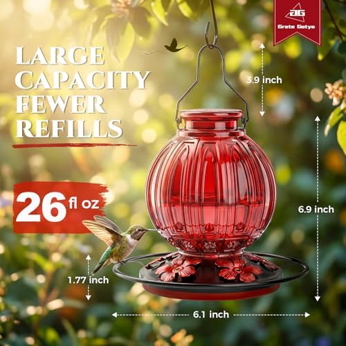 2 Pack Glass Hummingbird Feeder for Outdoors Hanging, Bird Nectar Feeder with Perch & 5 Flower Feeding Ports, 26 Oz Leak Proof for Outside Garden Decor Backyard, Gifts for Women Mom, Red + Pink - Image 4