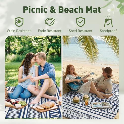 MontVoo-Outdoor Rug Carpet Waterproof 5x8 ft Reversible Patio Rug RV Camping Rug-Plastic Straw Rug Outside Indoor Outdoor Area Rug for Patio Deck Balcony Picnic Beach Outdoor Decor Boho Navy Blue - Image 5