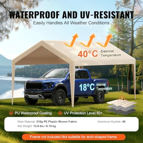 VEVOR Carport Replacement Canopy Cover 10 x 20 ft, Garage Top Tent Shelter Tarp Heavy-Duty Waterproof & UV Protected, Easy Installation with Ball Bungees,Beige (Only Top Cover, Frame Not Include) - Image 3