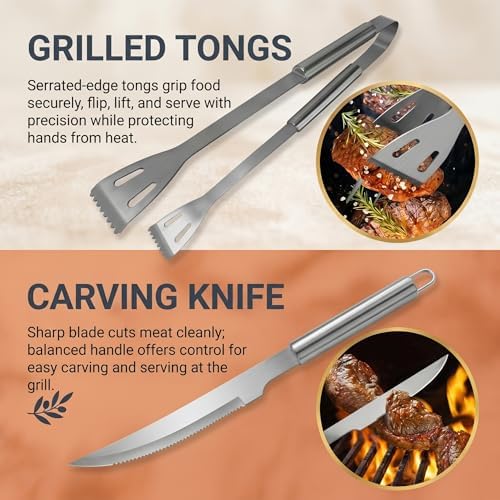 9-Piece Stainless Steel BBQ Tool Set with Carry Bag, Grill Utensils Kit with Spatula, Fork, Tongs, Knife, Skewers, Oil Brush for Outdoor Grill, Camping, Tailgating, Cookouts, BBQ Gifts - Image 5