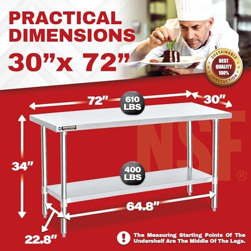 DuraSteel 30x72 Stainless Steel Prep Table - NSF Commercial Kitchen Metal Worktable - Large Laboratory Benches with Under Shelf - For Laundry Room, Kitchen, Garage, Restaurant - Image 6