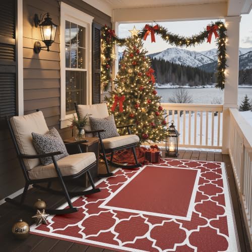 GENIMO Outdoor Rug, Waterproof Plastic Rugs for Patio, 5'x8' Red White - Image 4