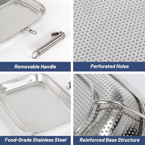 Stainless Steel Grill Pan with Removable Handle, 14.88" x 10.98" Meatl-perforated Holes Grill Pan for Outdoor Grilling, Square Deep Fryer Strainer Basket for Seafood, Vegetables & Meat, Grilling Pan for Charcoal and Gas Grills - Image 6