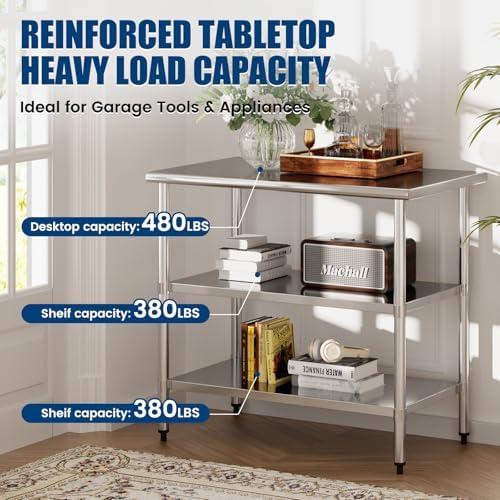Stainless Steel Work Table 24 x 48 Inch with 2 Adjustable Undershelves, Heavy-Duty Metal Prep Table for Commercial Kitchen & Restaurant, Garage, Outdoor - Image 2