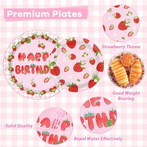 96 PCS Strawberry Theme Birthday Shortcake Party Paper Plates and Napkins Disposable Strawberry Party Plates Dinnerware Berry Sweet Tableware Decor for Baby Shower Birthday Gatherings Decorations - Image 3