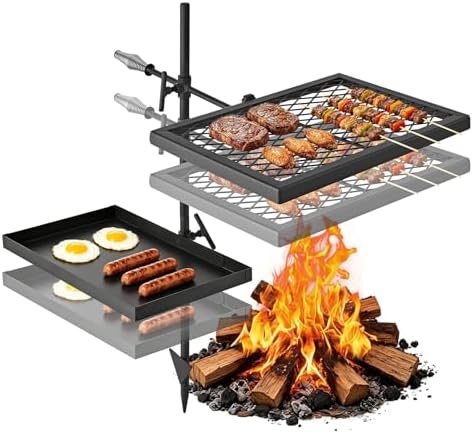 VEVOR Heavy Duty Swivel Campfire Grill, Double Layer Portable Camping Grill Grate & Griddle, Sturdy Steel BBQ Mesh, 360° Height Adjustable Over Fire Pit, for Outdoor Open Flame Cooking, Black by VEVOR
