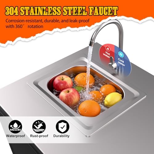 Stainless Steel Outdoor Sink with Cabinet, Large Capacity Stainless Steel Countertop, Outdoor Kitchen Sink Station, Utility Sink with Shelves for Patio, Garage, Laundry, 24"D x 47"W x 37"H - Image 3
