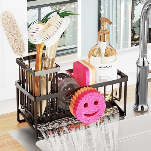 Sponge Holder for Kitchen Sink,Smiley Face Sink Caddy with Removable Brush Holder,Self-Draining Sponge Caddy for Sponge,Soap,Dish Brush,Scrubber,Kitchen Essentials and Gadgets by Taugast
