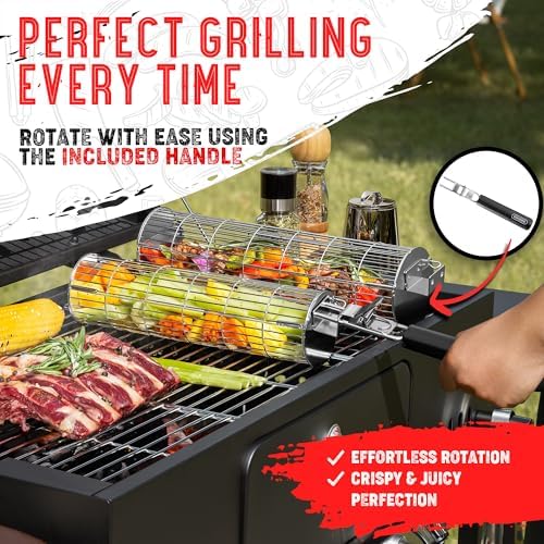 SHIZZO Extra Sturdy Rolling Grill Basket, Removable Handle, Set of 2 - Image 3