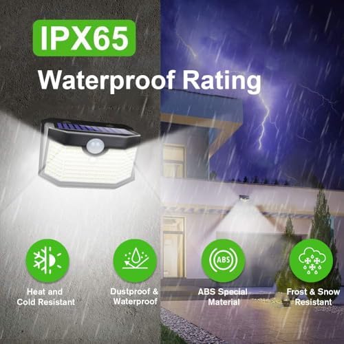 HMCITY 120 LED Outdoor Solar Lights with Motion Sensor and 3 Lighting Modes, IP65 Waterproof Wide Solar Wall Lights Ideal for Garden Patio Yard (Front Button 12Packs, Black Shell-Daylight White) - Image 5