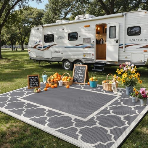 GENIMO Outdoor Rug, Waterproof Plastic Rugs for Patio, 8'x10' Grey White - Image 3