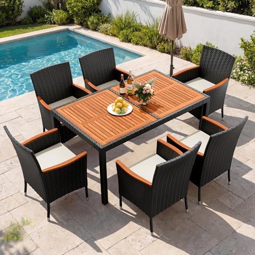 Devoko 7 PCS Acacia Wood Patio Dining Set, Black Rattan by DEVOKO