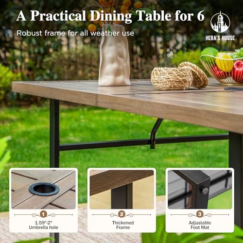HERA'S HOUSE 7pc Outdoor Patio Dining Set, Wood-Look Metal Table, Blue - Image 3