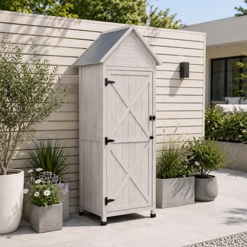 Narrow Outdoor Storage Cabinet, 67" Wooden Vertical Garden Tools Shed, Patio Storage Organizer with Latch & Waterproof Roof for Yard Deck Lawn Farmland Equipment(Gray) - Image 2